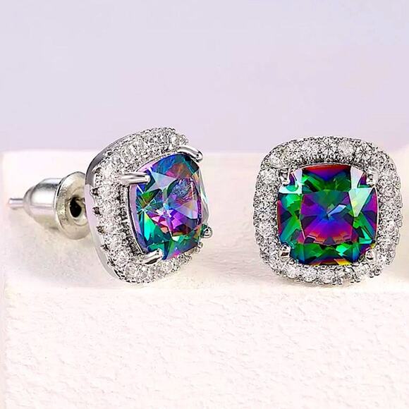 Mystic Fire Topaz Stud Earrings, Square, Princess Cut - Picture 1 of 10